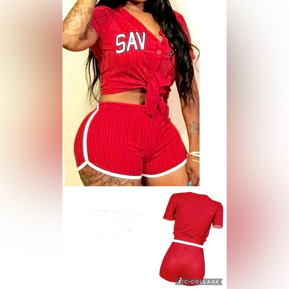 Savvy Red Striped Women's Athletic Shorts Set